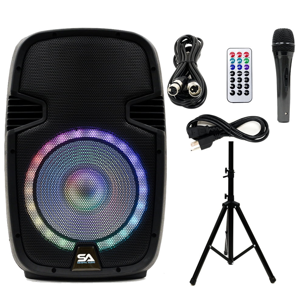 Seismic Audio SA-KP15BTH Active 15 Inch DJ Home Karaoke Bluetooth Party Speaker PA System with Stand, LED Lights, Microphone, Cable and Remote