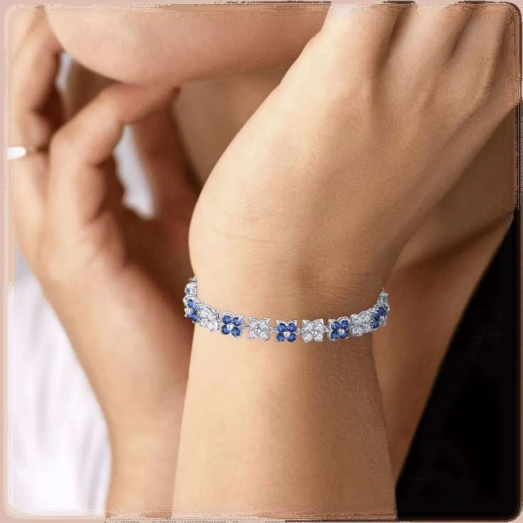Flower Cubic Zirconia Tennis Bracelet for Women with Round Cut Sapphire and White Diamond Cubic Zirconia