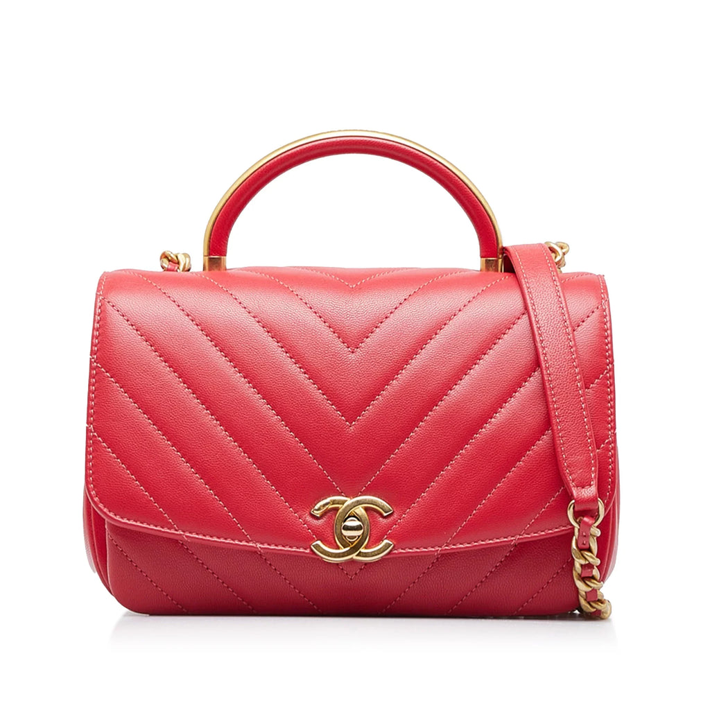 Pre-Owned Authenticated Chanel CC Chevron Flap Satchel Lambskin Leather Red Unisex (Good)