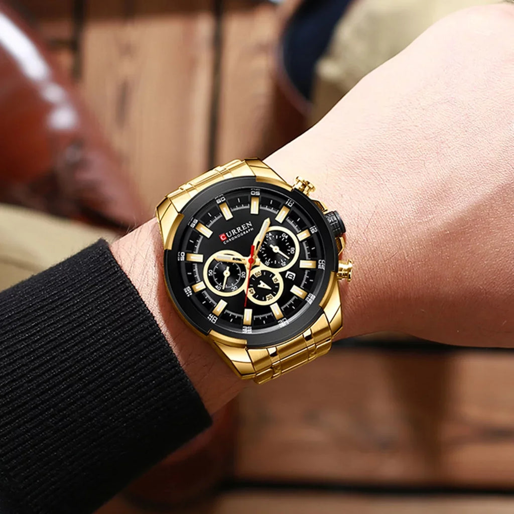 CURREN 8361 Quartz Man Wristwatch Watch for Male Men Watches with Calendar Indicator Date Waterproof Luminous Hands Three Sub-Dials Second Minute Microsecond Chronograph Stainless Steel Stra