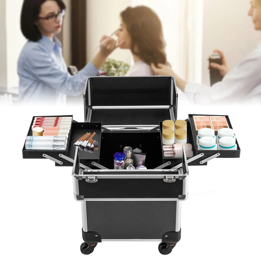 Rolling Lockable Makeup Train Case Hairdresser Trolley, Stylist Beauty Nail Salon Barber Case Cosmetic Luggage Travel Trunk Cart Organizer Tool Box with Swivel Wheels (Black)