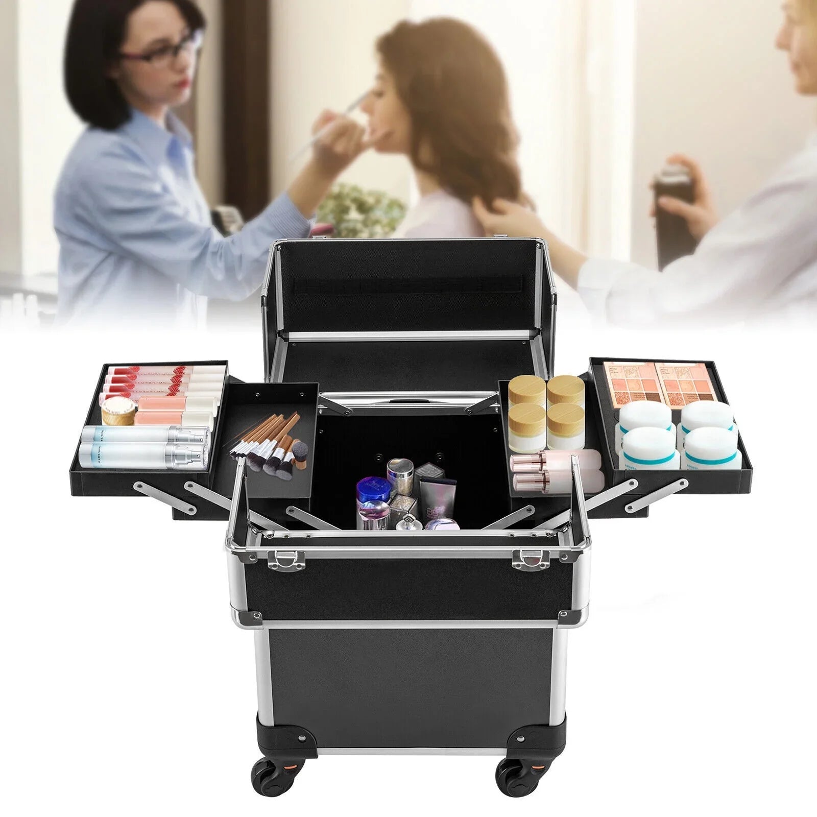 Rolling Lockable Makeup Train Case Hairdresser Trolley, Stylist Beauty Nail Salon Barber Case Cosmetic Luggage Travel Trunk Cart Organizer Tool Box with Swivel Wheels (Black)