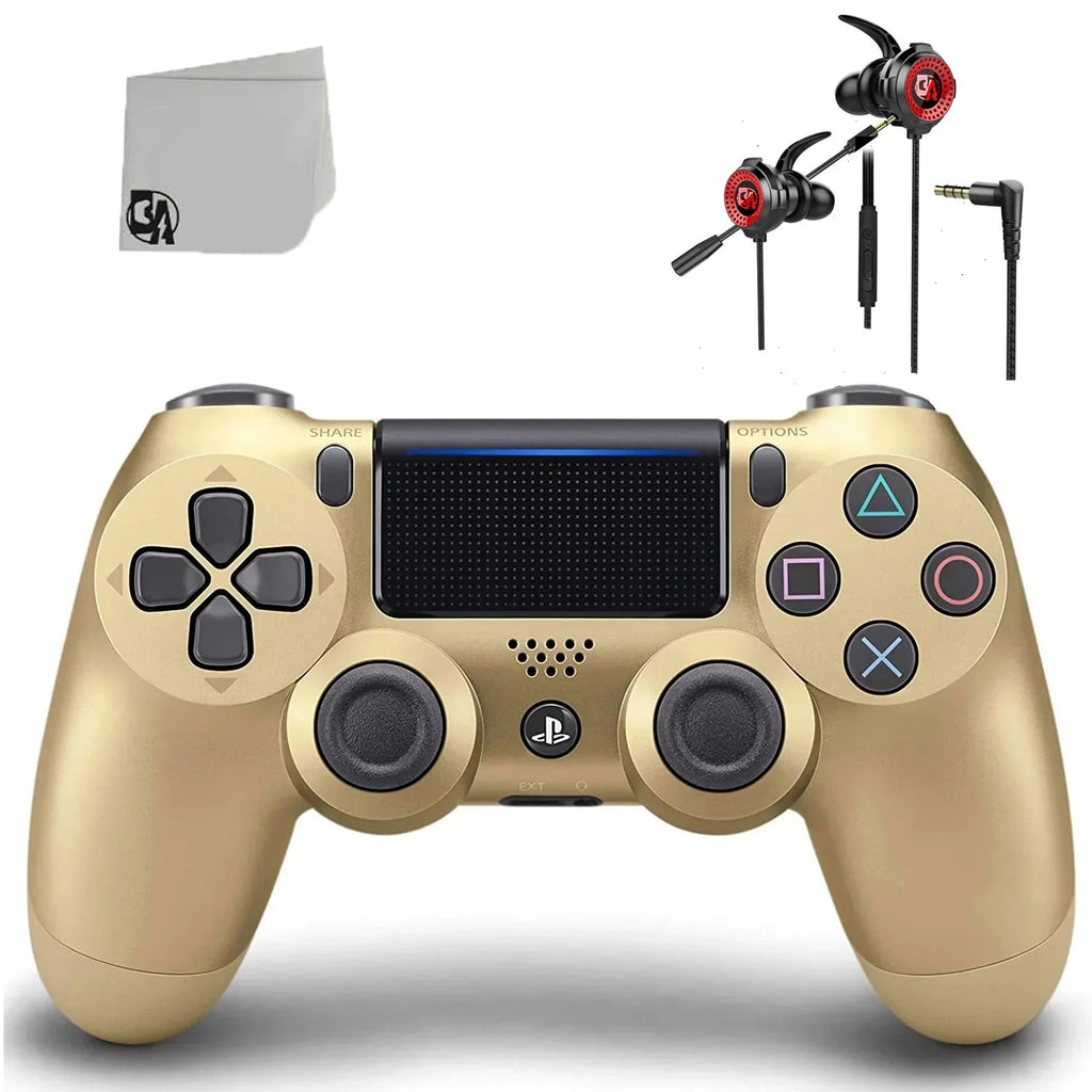 Dual Shock Gold Gaming Controller For PS4 Console + Wired Earbuds BOLT AXTION Bundle Like New