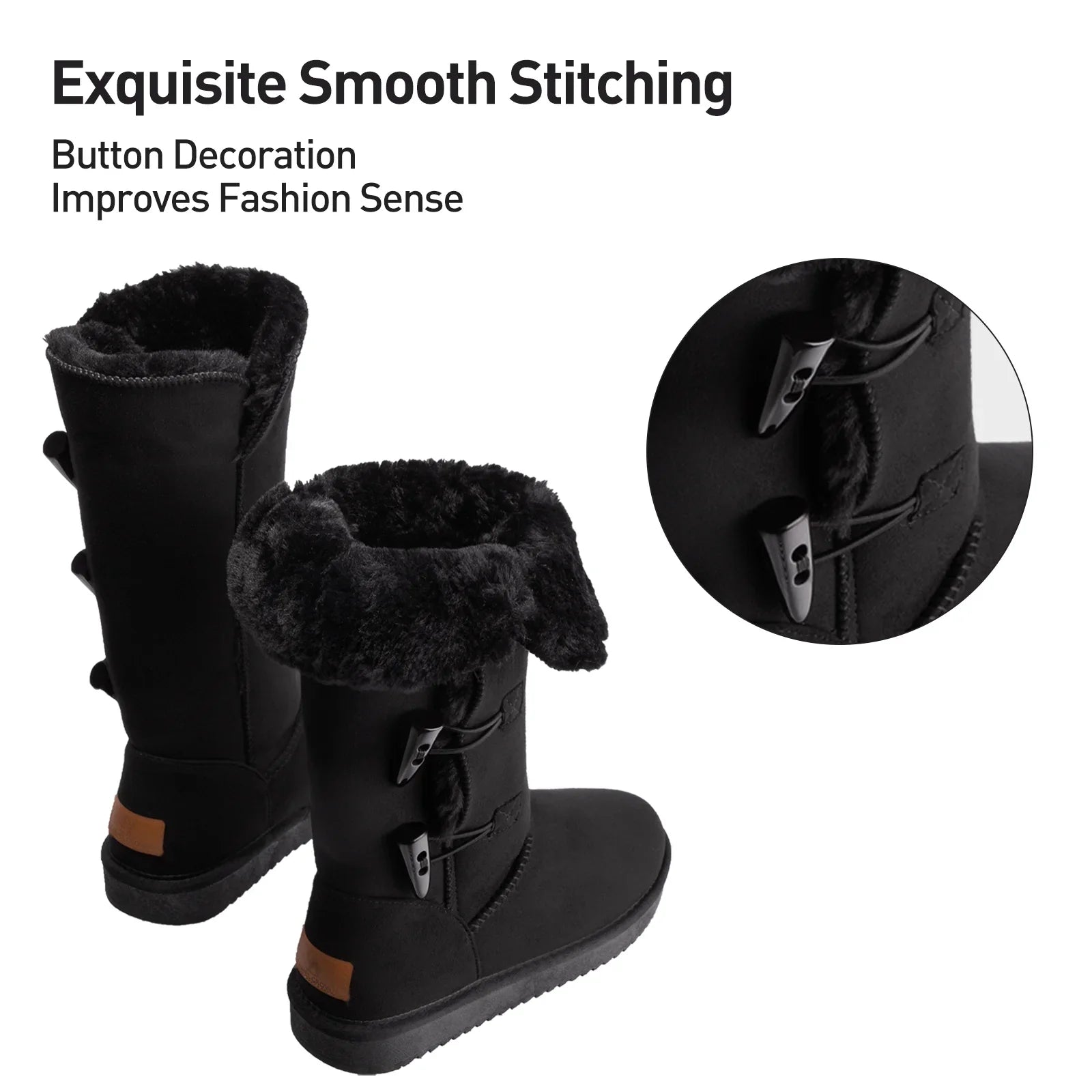 CAMEL Winter Tall Boots for Women Snow Boot Button Fashion Black Boots Knee High Classic Slip On Boot Outdoor Shoes