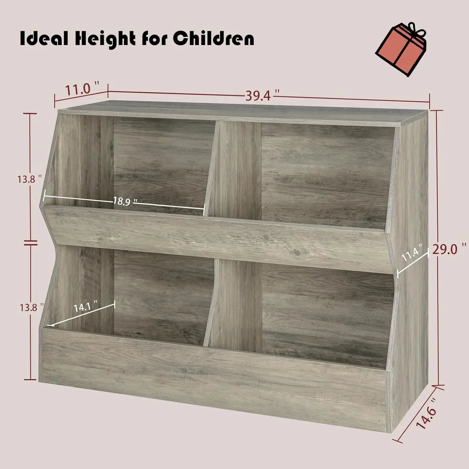 JIAH Kids , Toy Storage Organizer, Wooden Toy Storage Cabinet, 4 Cubby Children Bookcase, Toddler Book Toy Shelf for Bedroom, Nursery, Hallway, School, 39.4" Long, Gray Wash
