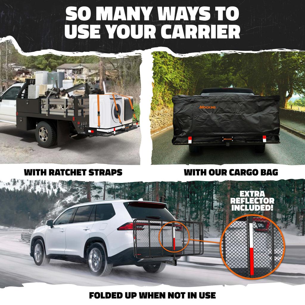 Mockins 70"x30"x6" XXL Trailer Hitch Cargo Carrier Hitch Mount | 500lbs Cap. Hitch Basket with 40 CF Bag & Foldable Arm