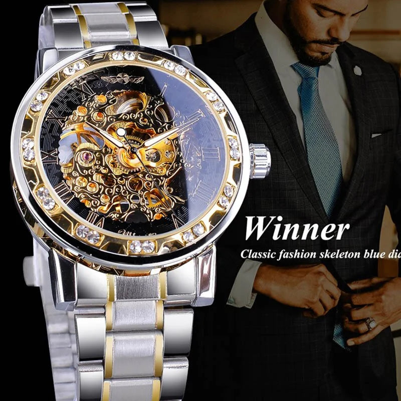 Men Mechanical Skeleton Wrist Watch 1pc Silver Exquisite Diamond Gear Movement Business Luxury Gift Gold White