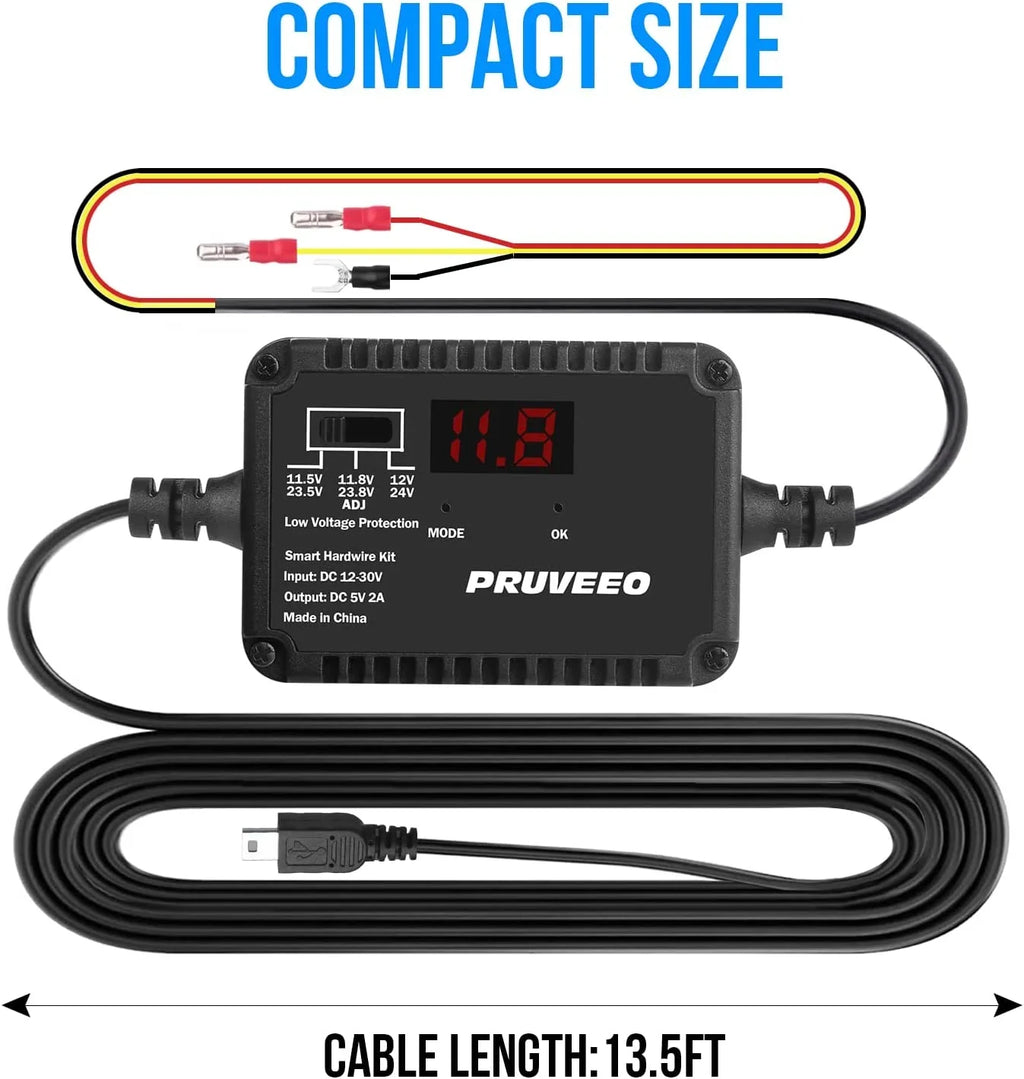PRUVEEO Dash Cam Hardwire Kit, Intelligent and Adjustable Low-Voltage Protection Fit for 98% Dash Cam, 13ft Mini USB