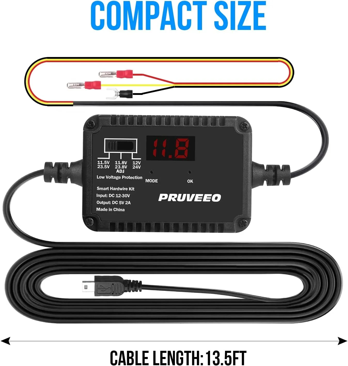 PRUVEEO Dash Cam Hardwire Kit, Intelligent and Adjustable Low-Voltage Protection Fit for 98% Dash Cam, 13ft Mini USB