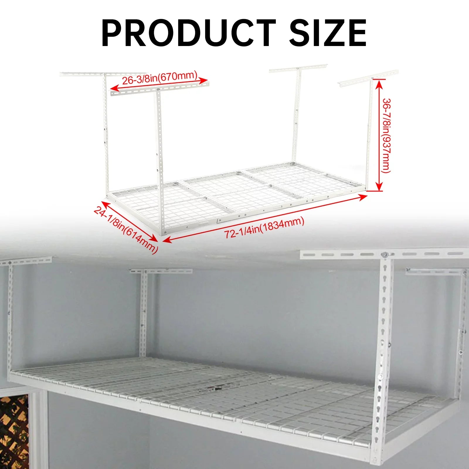HECASA 72" x 36" Overhead Garage Storage Rack Adjustable 3x6 Ceiling Garage Organization Wall Shelf Ceiling Mounted Storage Racks White