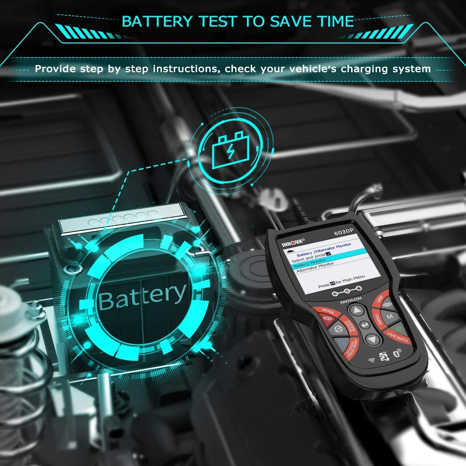 INNOVA 6030P OBD2 Scanner Check Engine ABS Code Reader Automotive Diagnostic Scan Tool 12V Battery Alternator Test Full OBDII Modes for EOBD OBD Car Scanner Automotive Scanner Analyzer Turn off MIL