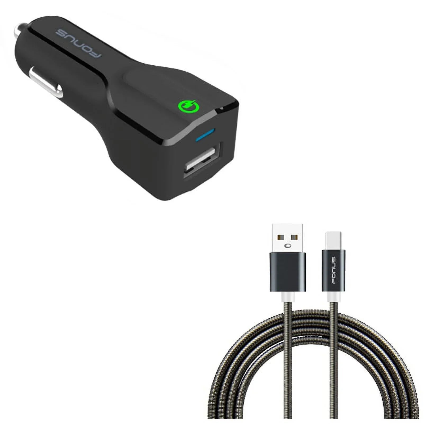 Type-C 3ft Metal USB Cable w USB Port Fast 18W Car Charger G4M for  Galaxy Tab S3 9.7 S9 Plus, S8+ S8, S10e S10 Plus active 5G Note 9 8 10 Plus A9 A50 A20 A10e - Sonim XP8 XP3