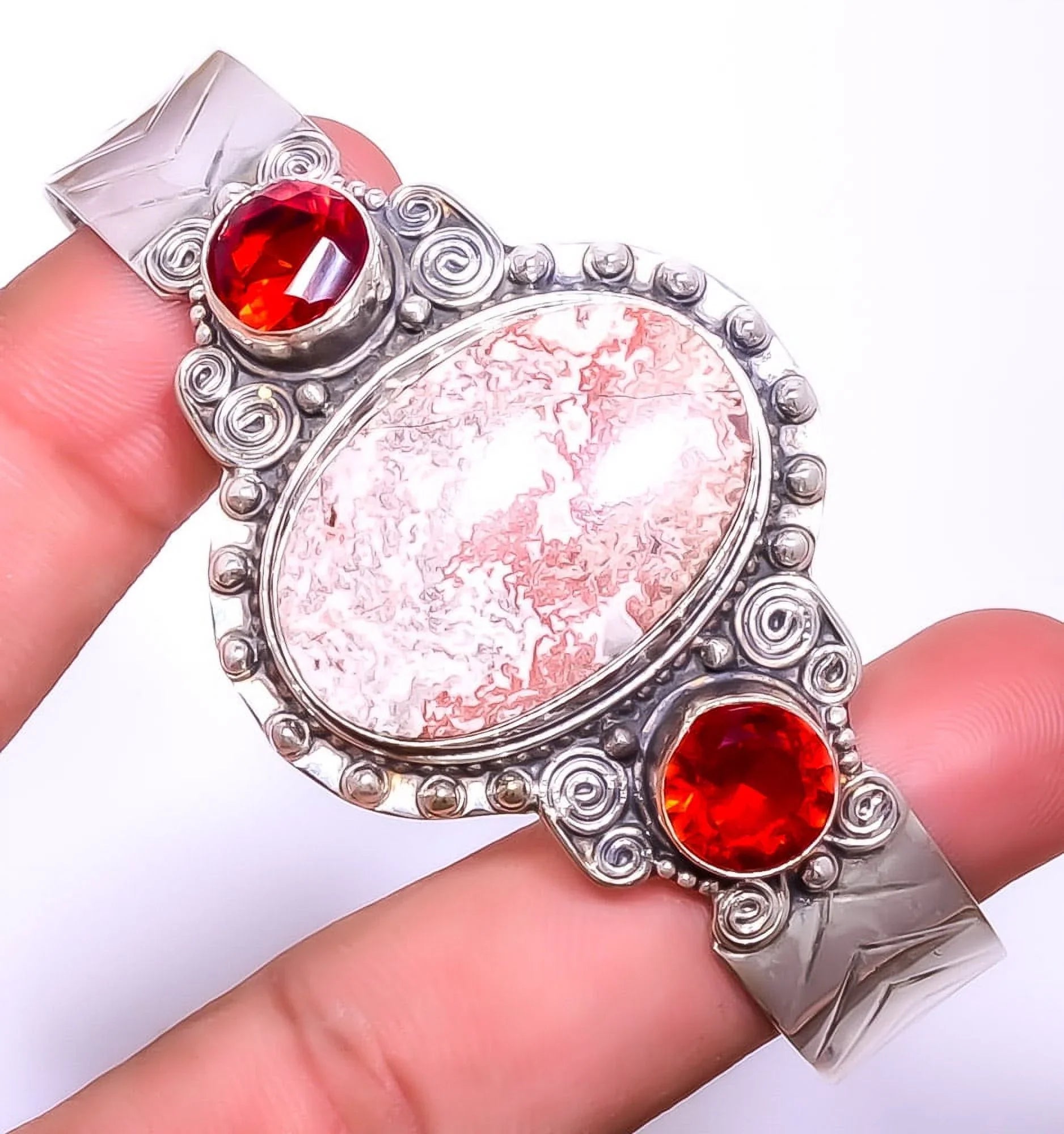 Rosetta Jasper & Garnet 925 Silver PLatitudeed Bali Cuff Adst. T946 C6176-12, Valentine's Day Gift, Birthday Gift, Beautiful Jewelry For Woman & Girls