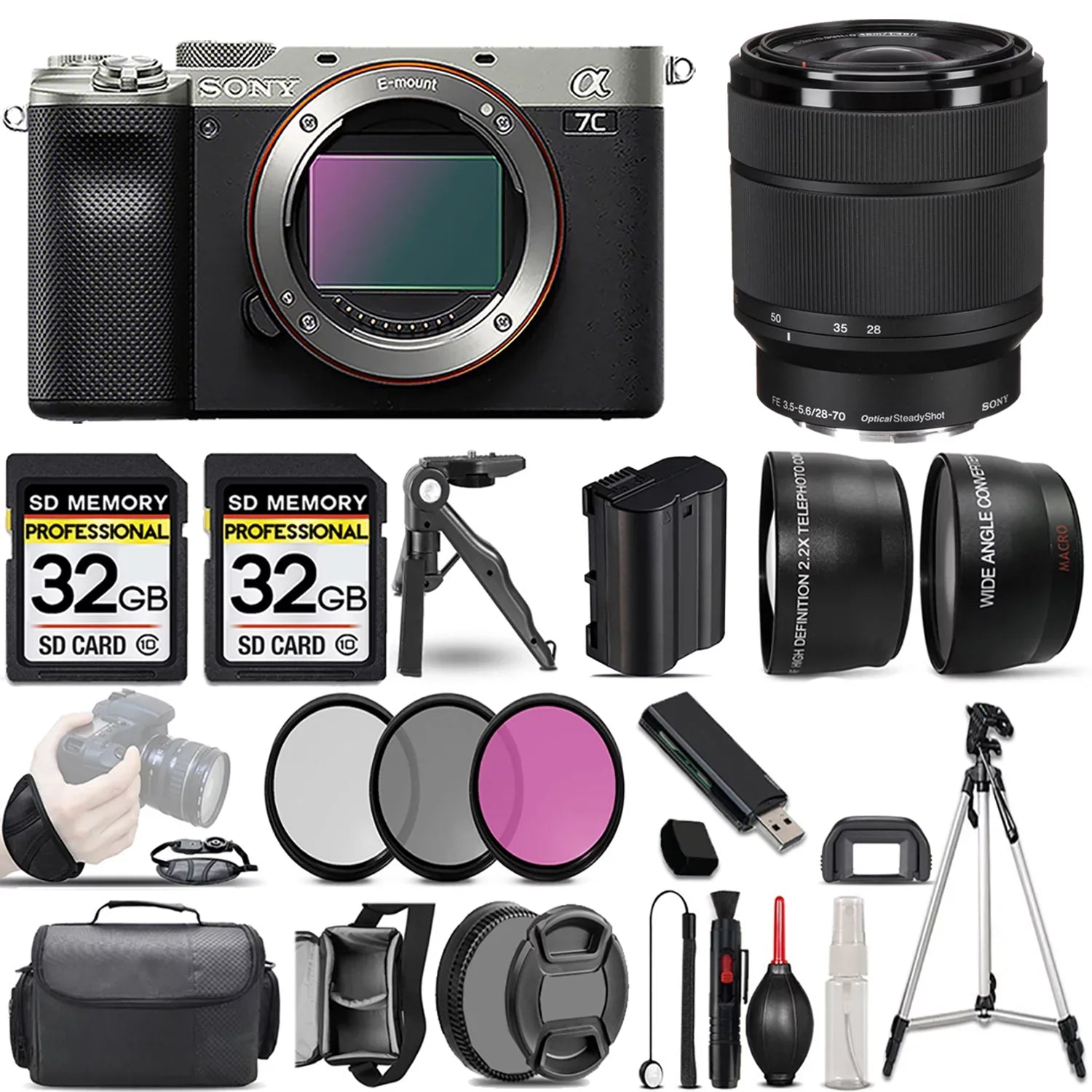 a7C Camera (Silver)  +28-70mm f/3.5-5.6 OSS Lens +3 PC Filter +64GB