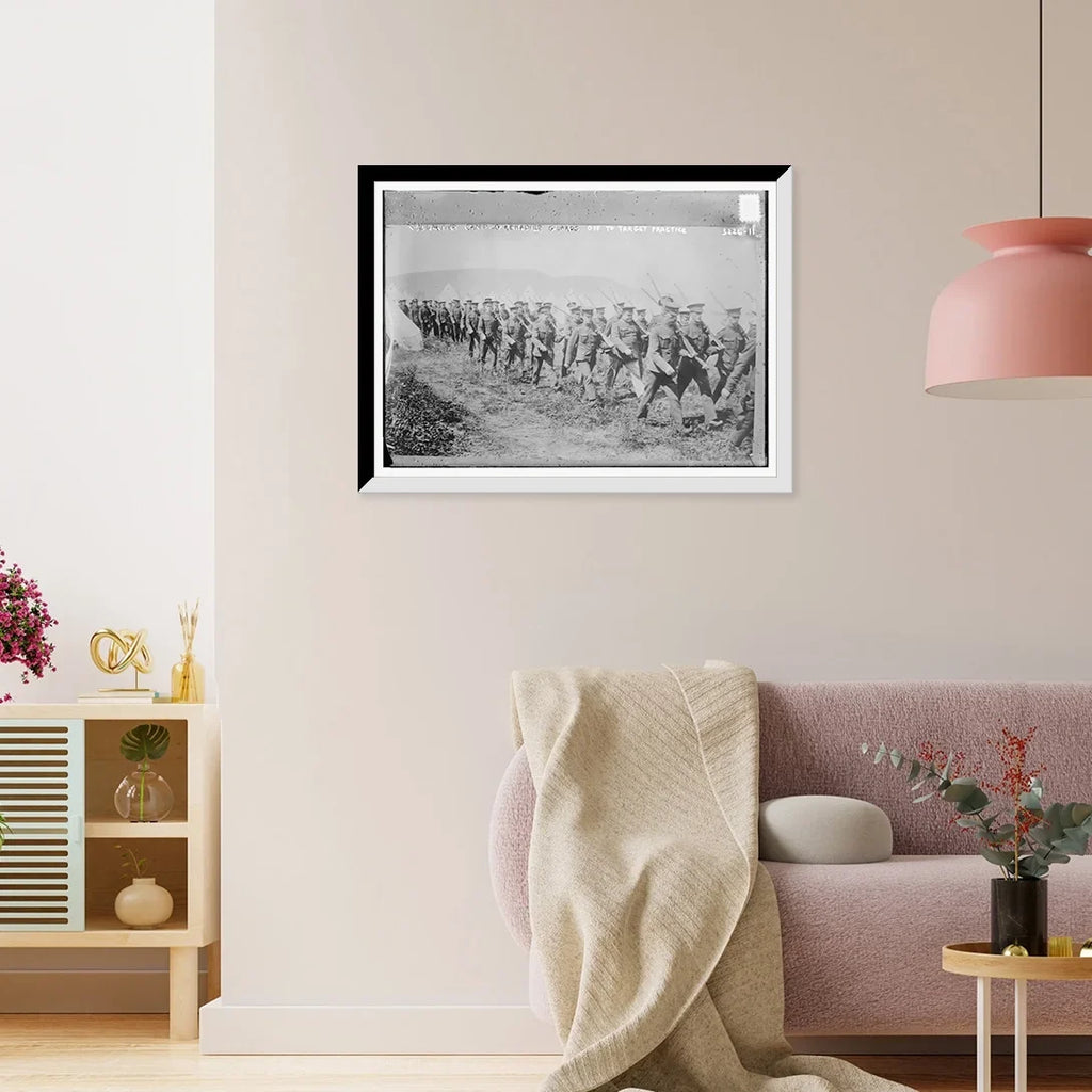 Historic Framed Print, Val Cartier camp - Grenadier guards off to target practice, 17-7/8" x 21-7/8"