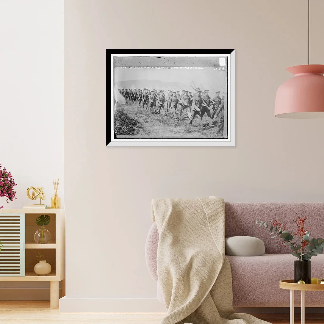 Historic Framed Print, Val Cartier camp - Grenadier guards off to target practice, 17-7/8" x 21-7/8"