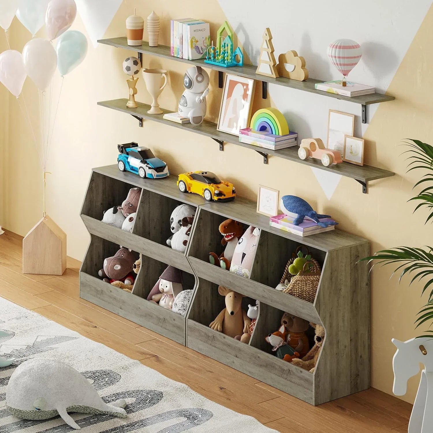 JIAH Kids , Toy Storage Organizer, Wooden Toy Storage Cabinet, 4 Cubby Children Bookcase, Toddler Book Toy Shelf for Bedroom, Nursery, Hallway, School, 39.4" Long, Gray Wash