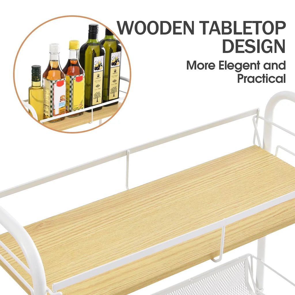 KK KINGRACK 4-Tier School Rolling Cart, Mesh Storage Utility Carts with Wooden Tabletop for Kitchen Bathroom, White