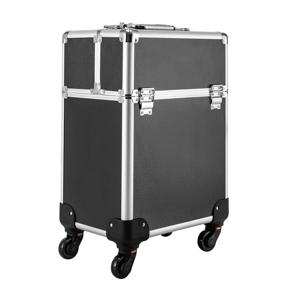 Rolling Lockable Makeup Train Case Hairdresser Trolley, Stylist Beauty Nail Salon Barber Case Cosmetic Luggage Travel Trunk Cart Organizer Tool Box with Swivel Wheels (Black)