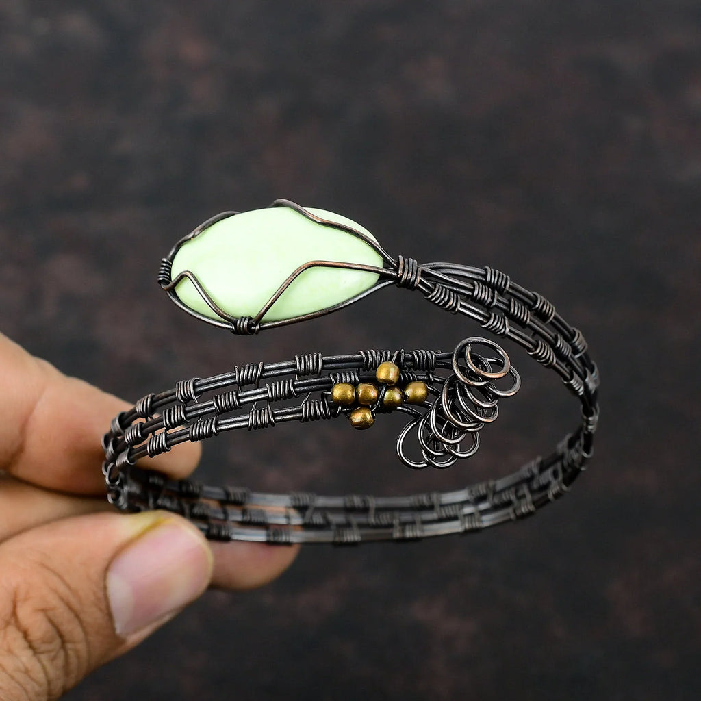 Lemon Chrysoprase Copper Wire Wrapped Cuff Bracelet Gemstone Adjustable Bangle