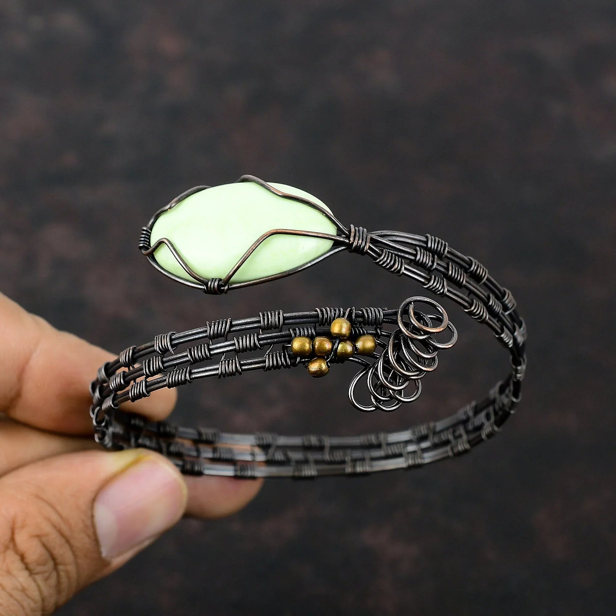 Lemon Chrysoprase Copper Wire Wrapped Cuff Bracelet Gemstone Adjustable Bangle