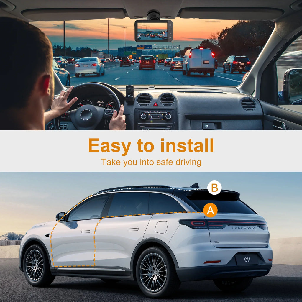 GCZ 4K Full HD Dash Cam For Car with WiFi and GPS, Front and Rear Dashcam with 3'' IPS Touchdisplay and Night Vision, G-Sensor, Loop Recording and 24H Parking Mode