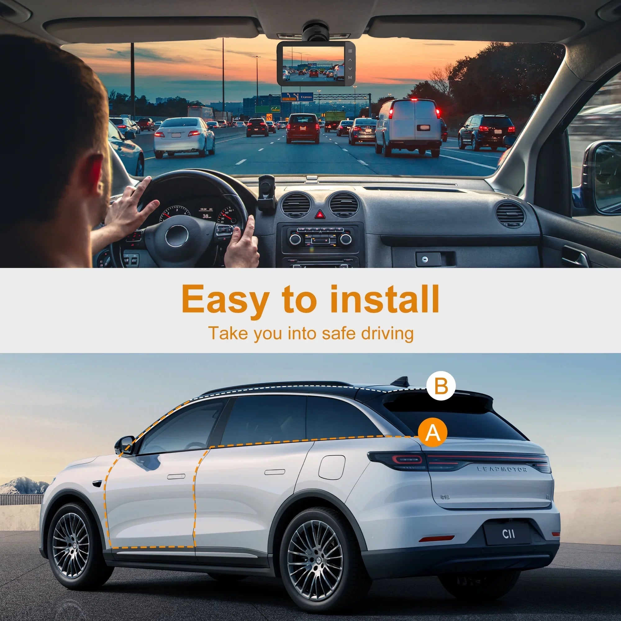 GCZ 4K Full HD Dash Cam For Car with WiFi and GPS, Front and Rear Dashcam with 3'' IPS Touchdisplay and Night Vision, G-Sensor, Loop Recording and 24H Parking Mode
