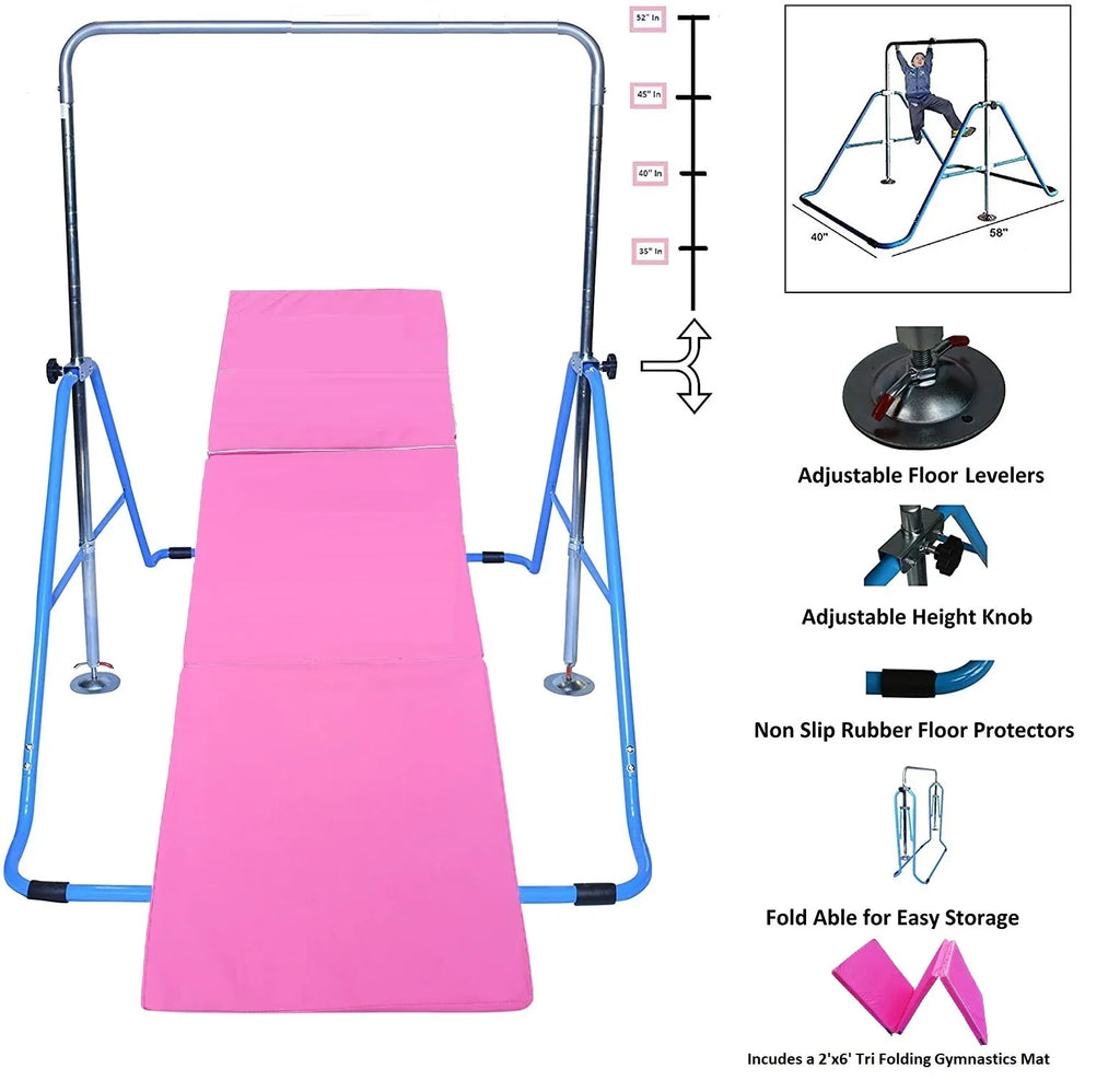 Expandable Gymnastics Kip Bar Gymnastic Training Kip Bar Adjustable Height Horizontal Bar Monkey Bars Folding Climbing Tower Fitness for Kids with Mat Blue