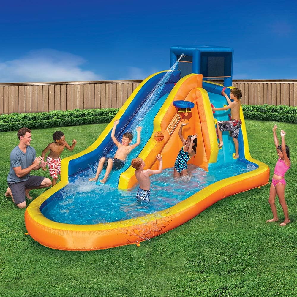 Banzai InfLatitudeable Water Slide - Huge Kids Pool (14 Feet Long by 8 Feet High) with Built in Sprinkler Wave and Basketball Hoop