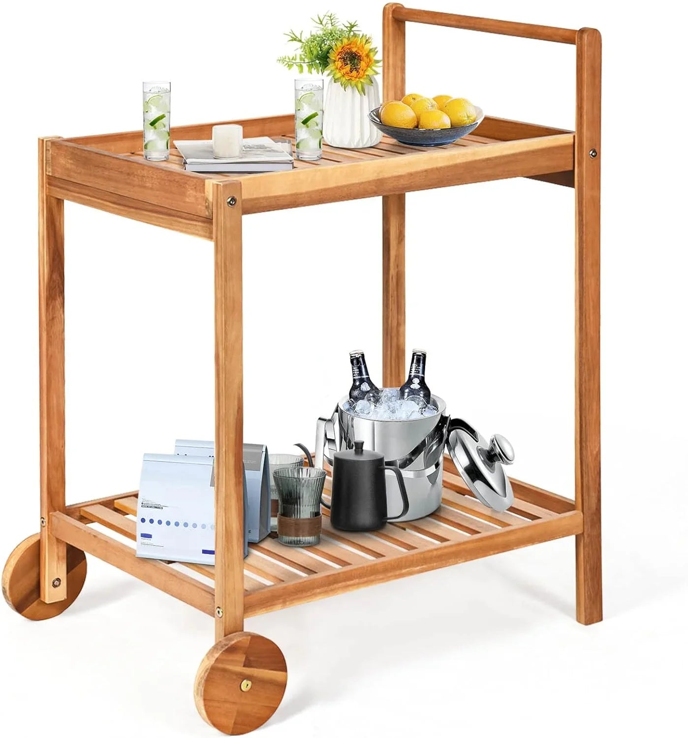 Patio Side Table on Wheels, Acacia Wood Outdoor Buffet Cart, Rolling Kitchen Island Serving Cart with Legs & Handle, 2-Tier Utility Cart for Home Kitchen Bar Garden Poolside