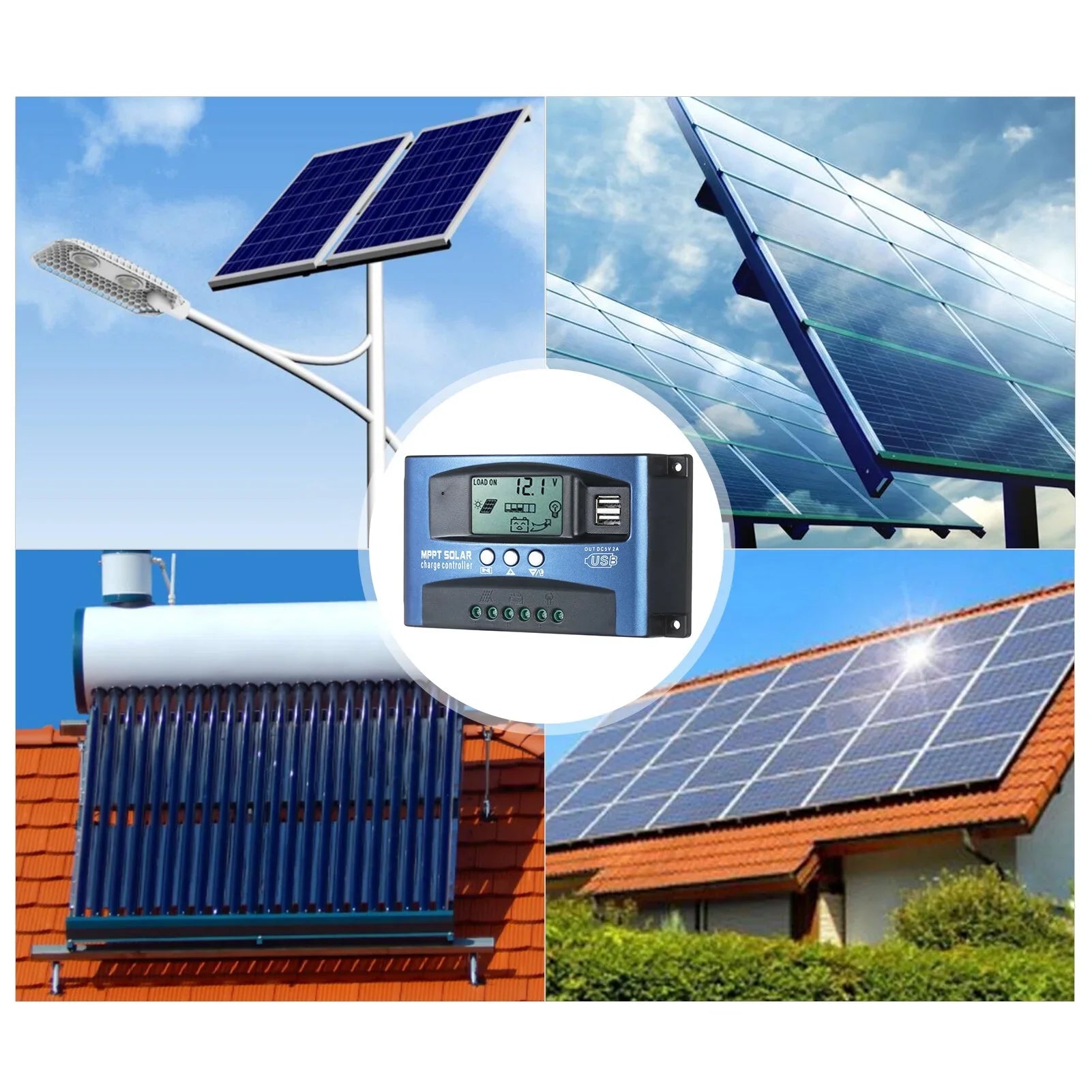 MPPT Solar Charge Controller Dual USB Solar Controller Smart LCD Screen MPPT Tracking 5V/2A Dual USB Output 12V/24V Automatic Identification