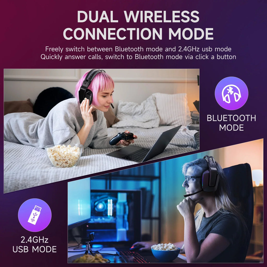 HTQ Wireless Gaming Headset with Noise-Cancelling Mic, RGB Lights 7.1 Surround Sound for PC, PS4/5, Nintendo Switch, 3.5mm Wired for Xbox One/Series x/s, 300g, Black