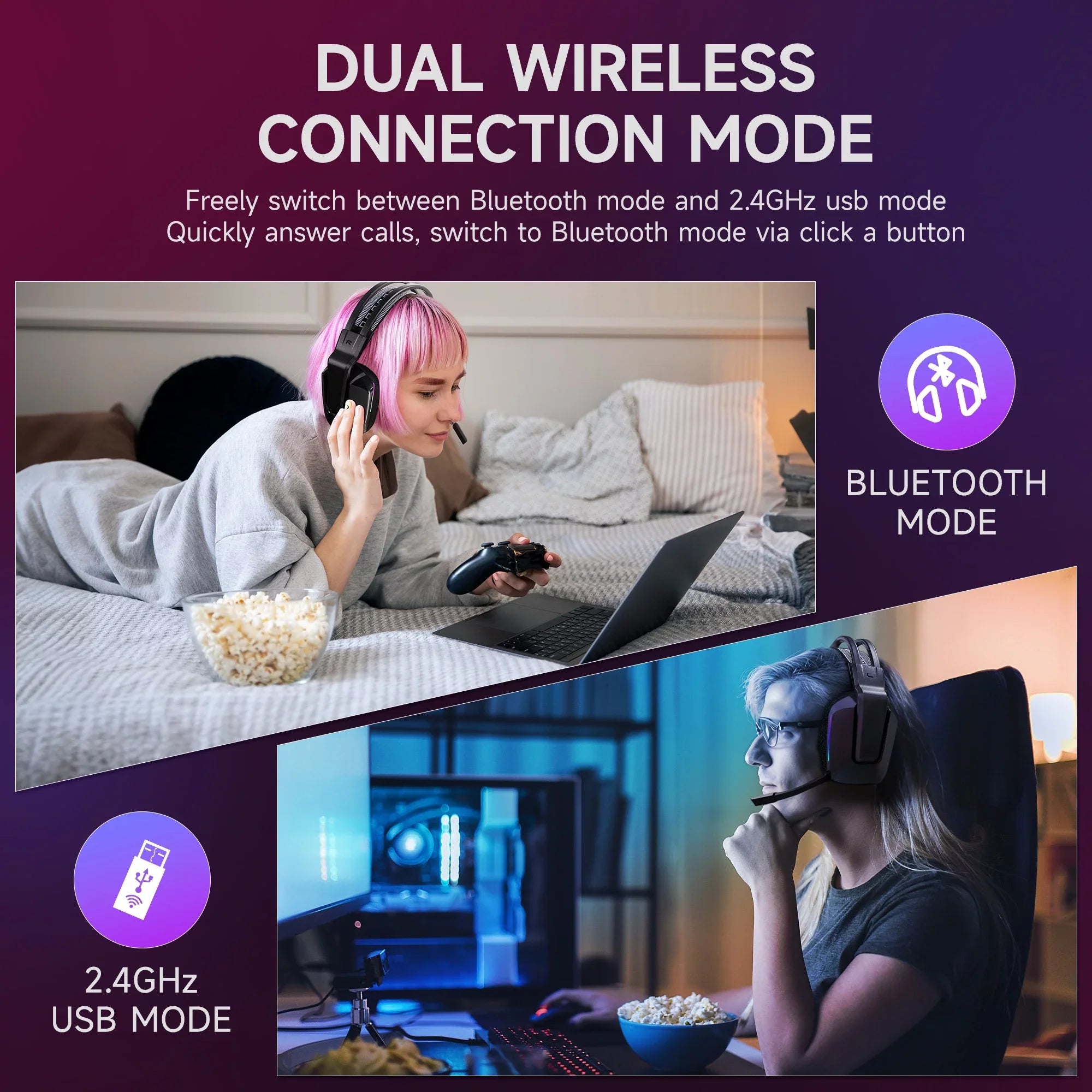 HTQ Wireless Gaming Headset with Noise-Cancelling Mic, RGB Lights 7.1 Surround Sound for PC, PS4/5, Nintendo Switch, 3.5mm Wired for Xbox One/Series x/s, 300g, Black