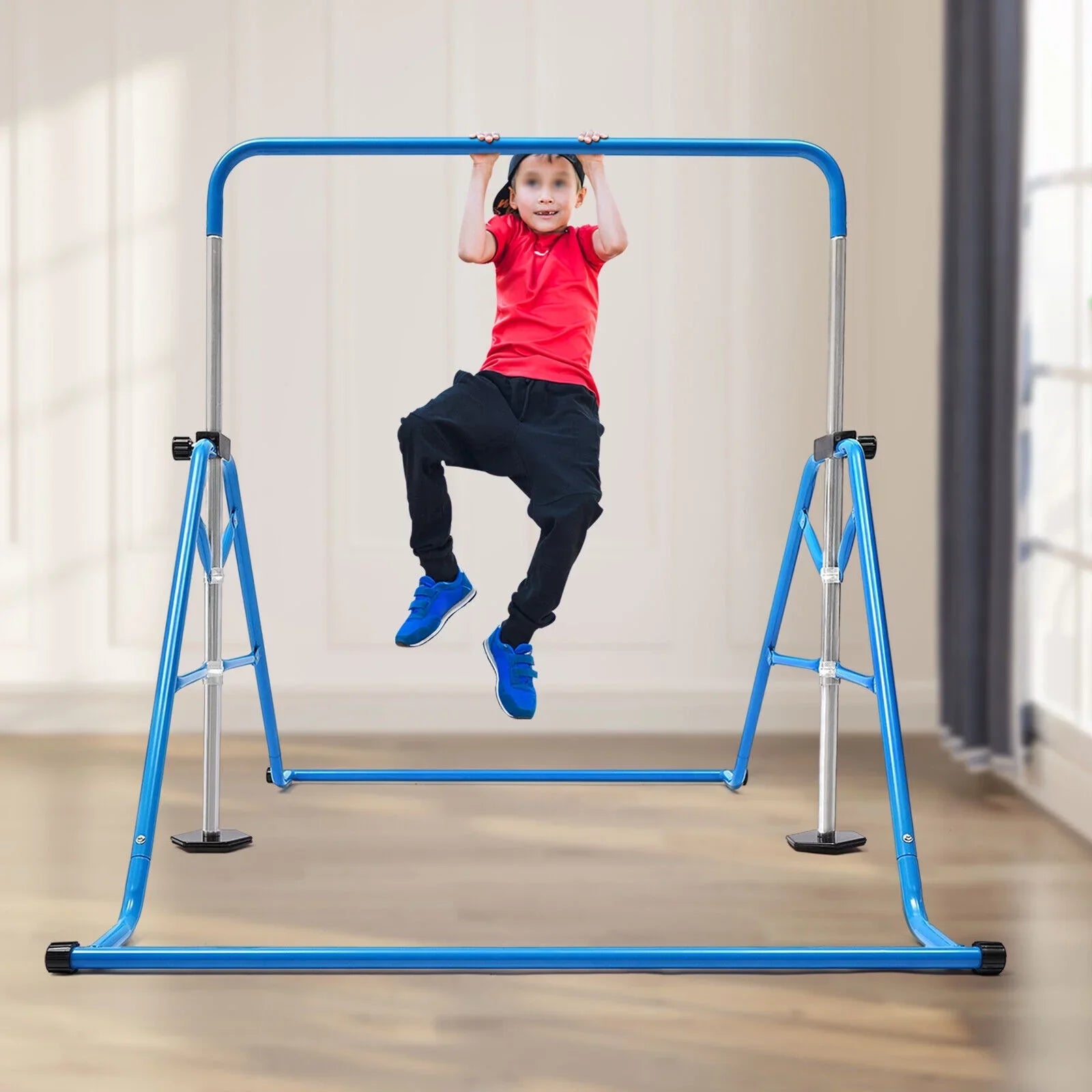 ZhdnBhnos Adjustable Kids Gymnastics Horizontal Bar Folding Junior Training Bar For Home Gym Max Load 100kg/220.5lbs Blue
