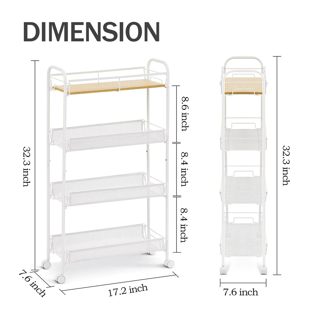 KK KINGRACK 4-Tier School Rolling Cart, Mesh Storage Utility Carts with Wooden Tabletop for Kitchen Bathroom, White