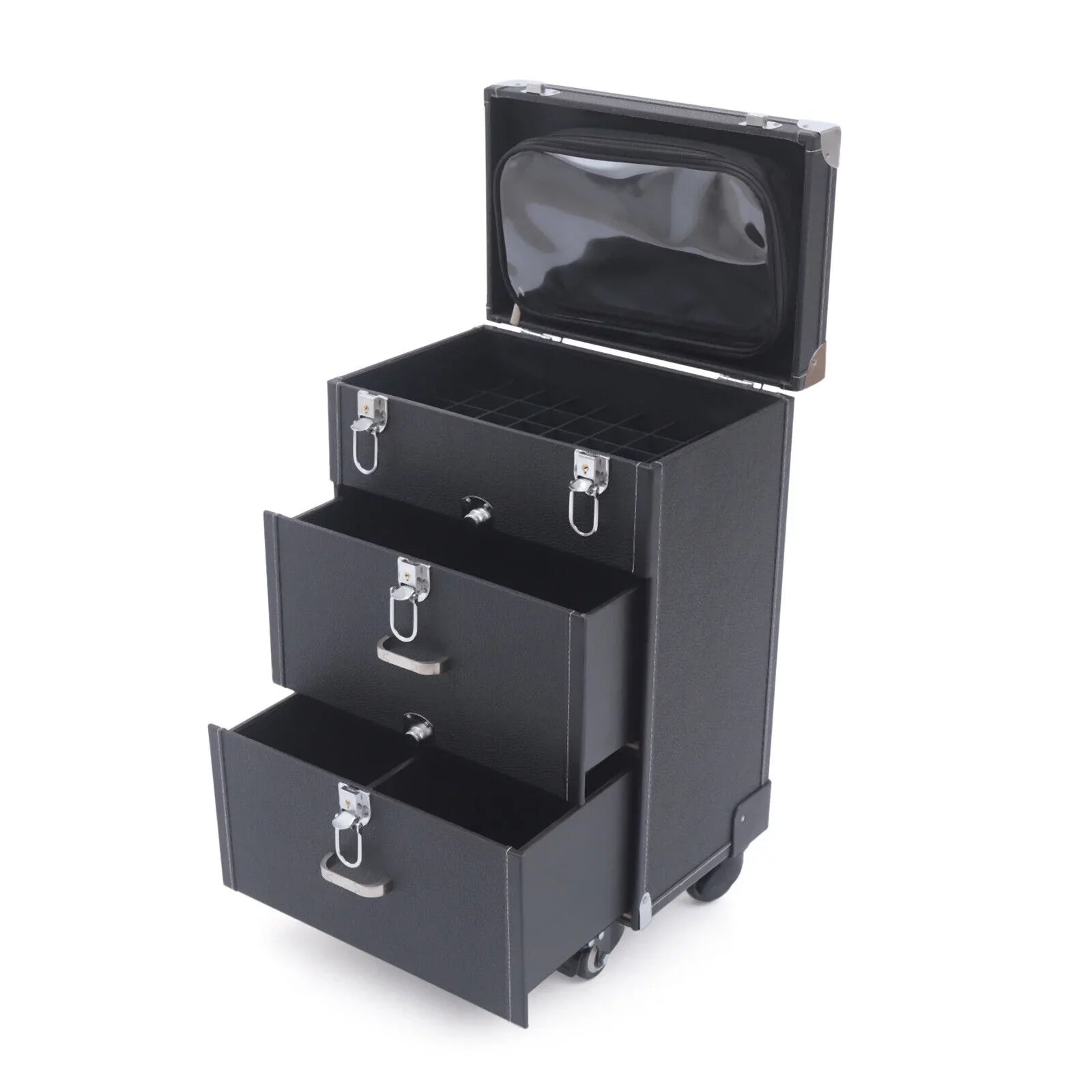 Women's Rolling Makeup Train Case Black Trolley Cosmetic Box Lock Wheels PU Makeup Train Case Cosmetics Rolling Organizer Cases Storage Box Trolley Black Trolley Bag Black Cosmetics Rolling Organizer