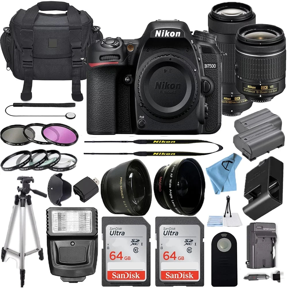 D7500 20.9MP DSLR Digital Camera W/ 18-55mm VR Lens and 70-300mm ED Lens + 2 Pcs SanDisk 64GB Memory Card Bundle (Black)