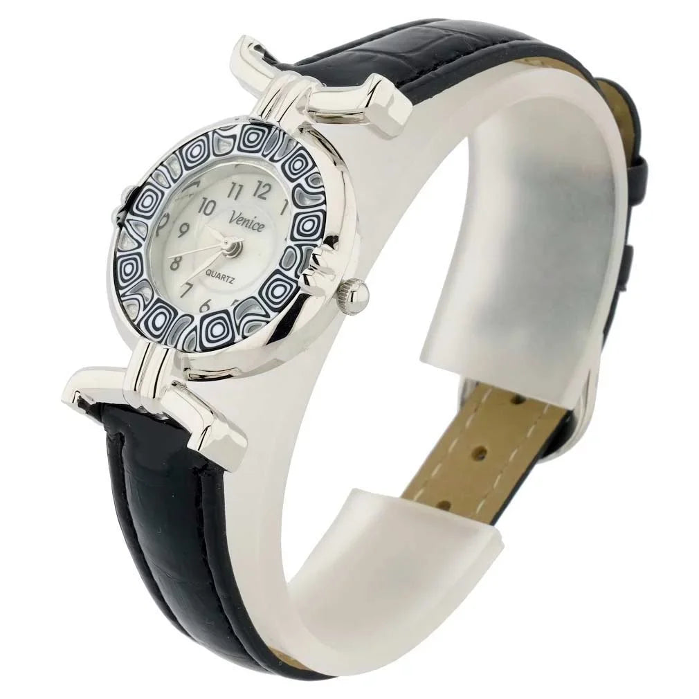 GlassOfVenice Murano Glass Millefiori Watch with Leather Band - Black