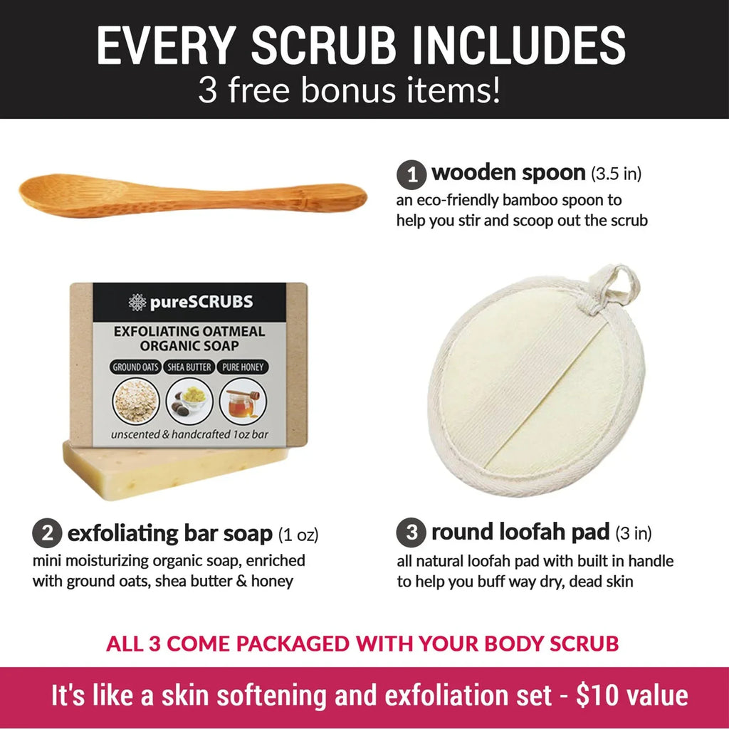 pureSCRUBS Premium Pink Himalayan Salt Body Scrub Set- Large 16oz CUCUMBER BODY SCRUB - Infpre-owned With Organic Essential Oils & Nutrients + FREE Wooden Spoon, Loofah & Mini Exfoliating Bar Soap