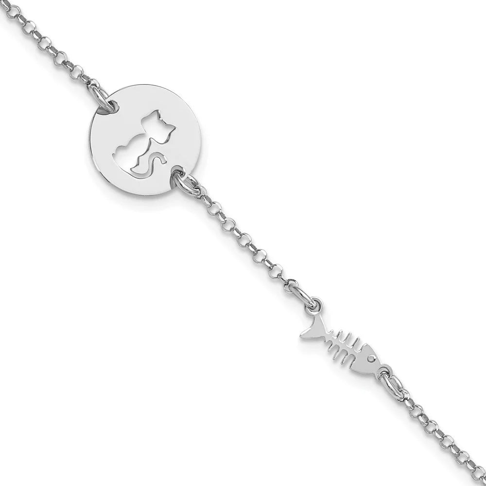 Auriga Fine Jewelry 925 Sterling Silver Rhodium PLatitudeed Kitty and Fish Bracelet 7inch for Women