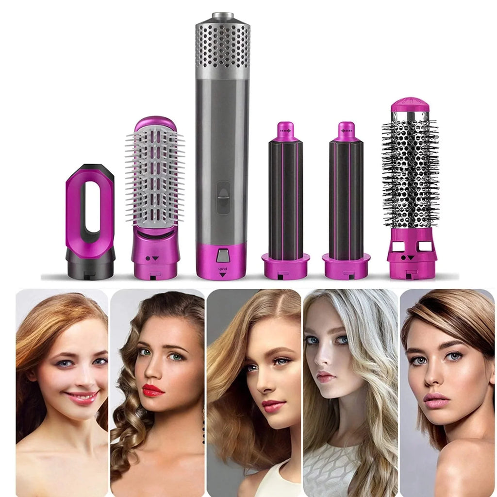 5-in-1 Electric Hair Dryer Brush - Negative Ionic Hair Styler with Detachable Brush Heads - Blow Dryer Brush for Straightening and Automatic Curling Styling, Color: Pink
