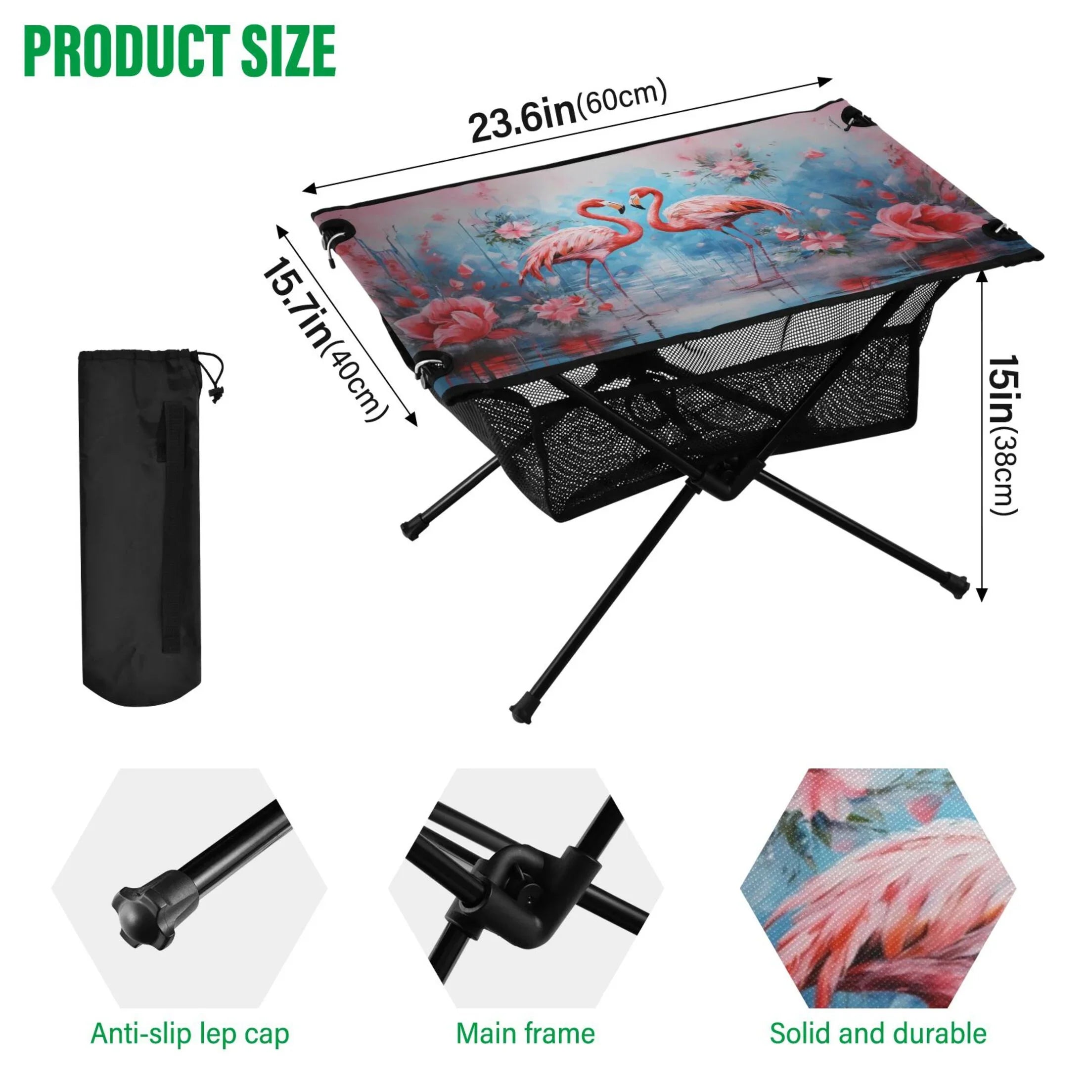 Flamingos and Flowers Camping Foldable Portable Table Beach Table with Storage Bag Compact Picnic Table for Outdoor Hiking Fishing BBQ