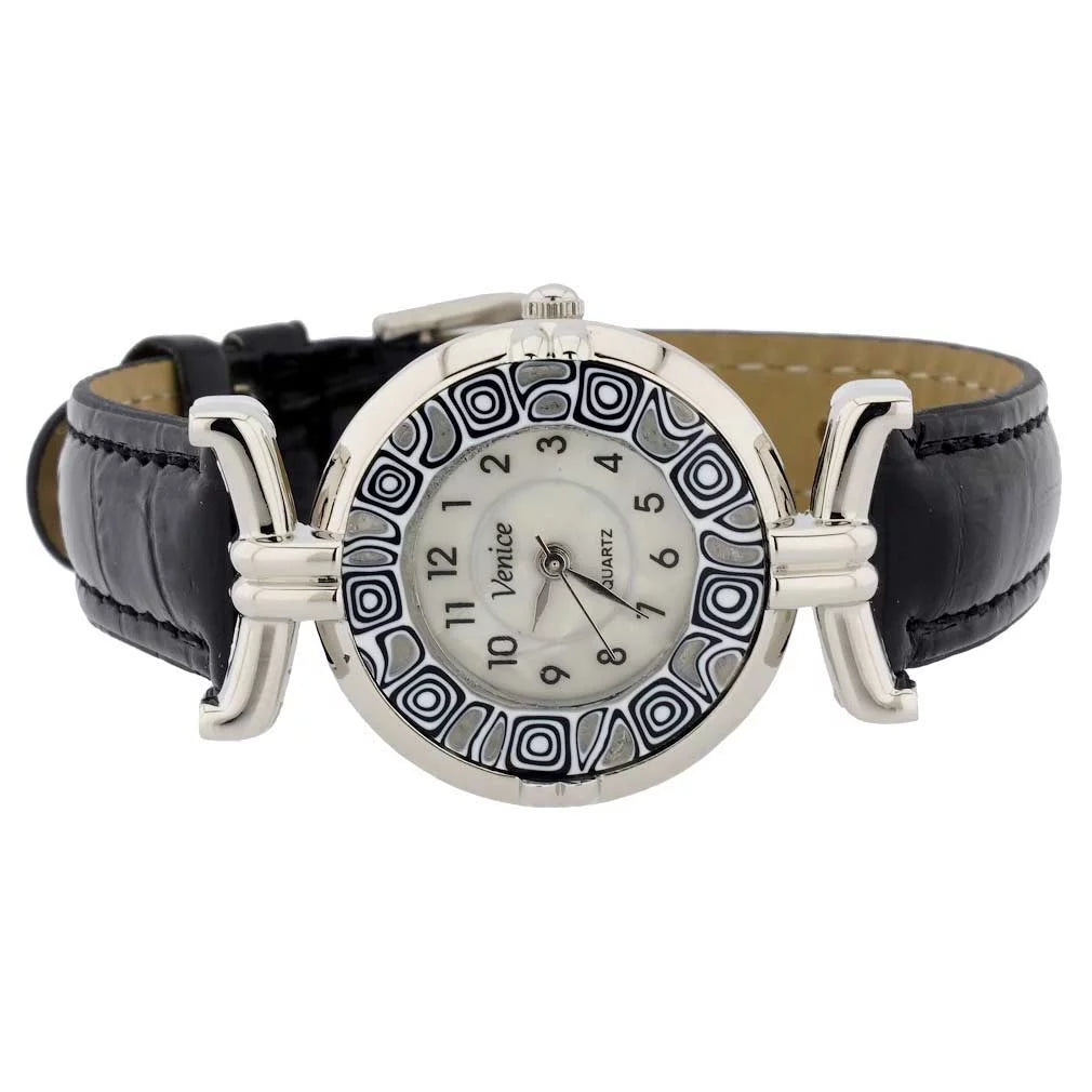 GlassOfVenice Murano Glass Millefiori Watch with Leather Band - Black