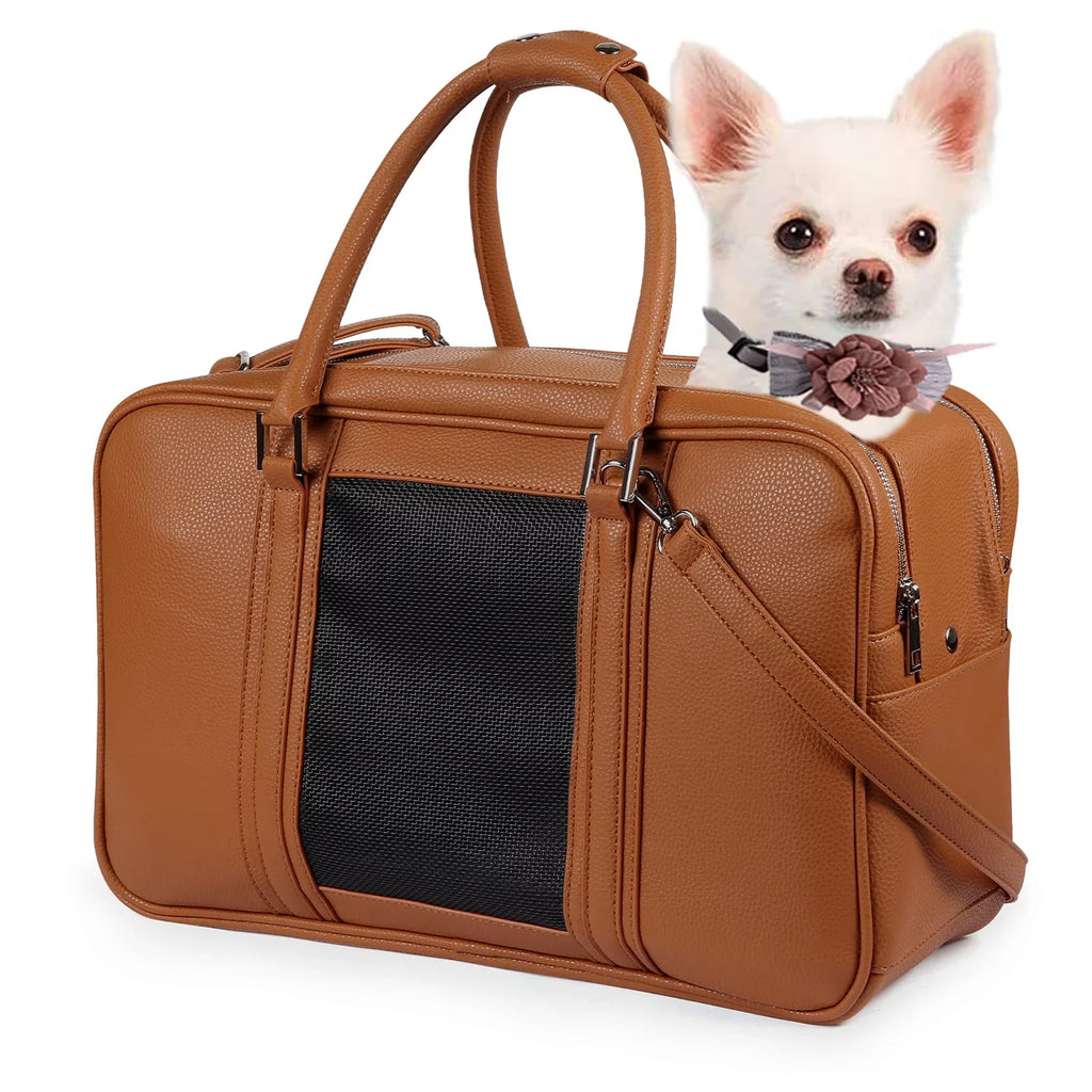 Fashion Dog Purse Carrier for Small Dogs with 2 Extra Pockets, Holds Up to 10lbs Pu Leather Cloth Pet Carrier, Cat Carrier, Airline Approved Puppy Purse Carrier for Travel (Brown, Small Size)