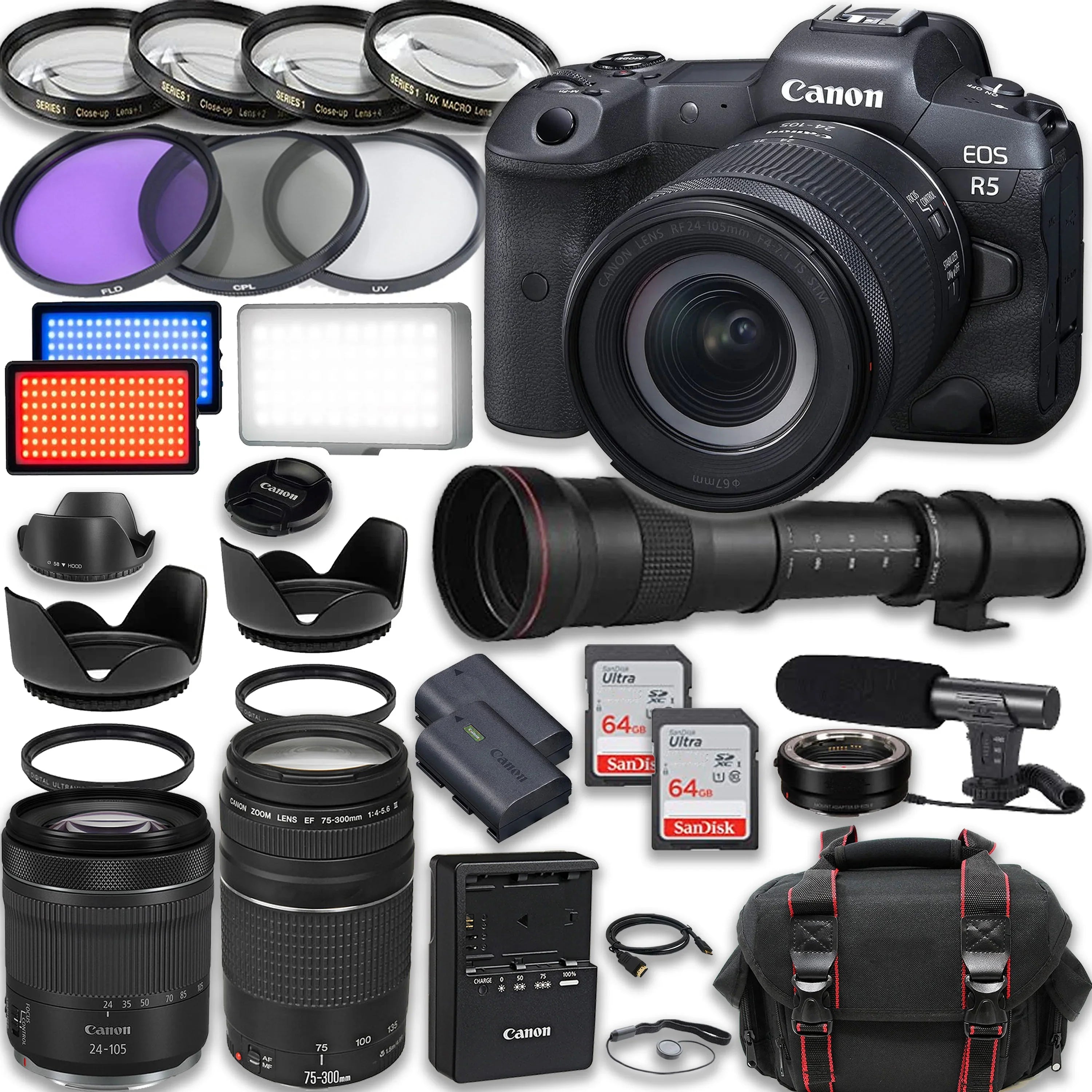EOS R5 Full Frame Mirrorless Camera with RF 24-105mm STM & 75-300mm III + 420-800mm HD Lenses, Accessories: 2X 64GB Memory Cards, LED Video Light, Microphone, Extra Battery, Case & More