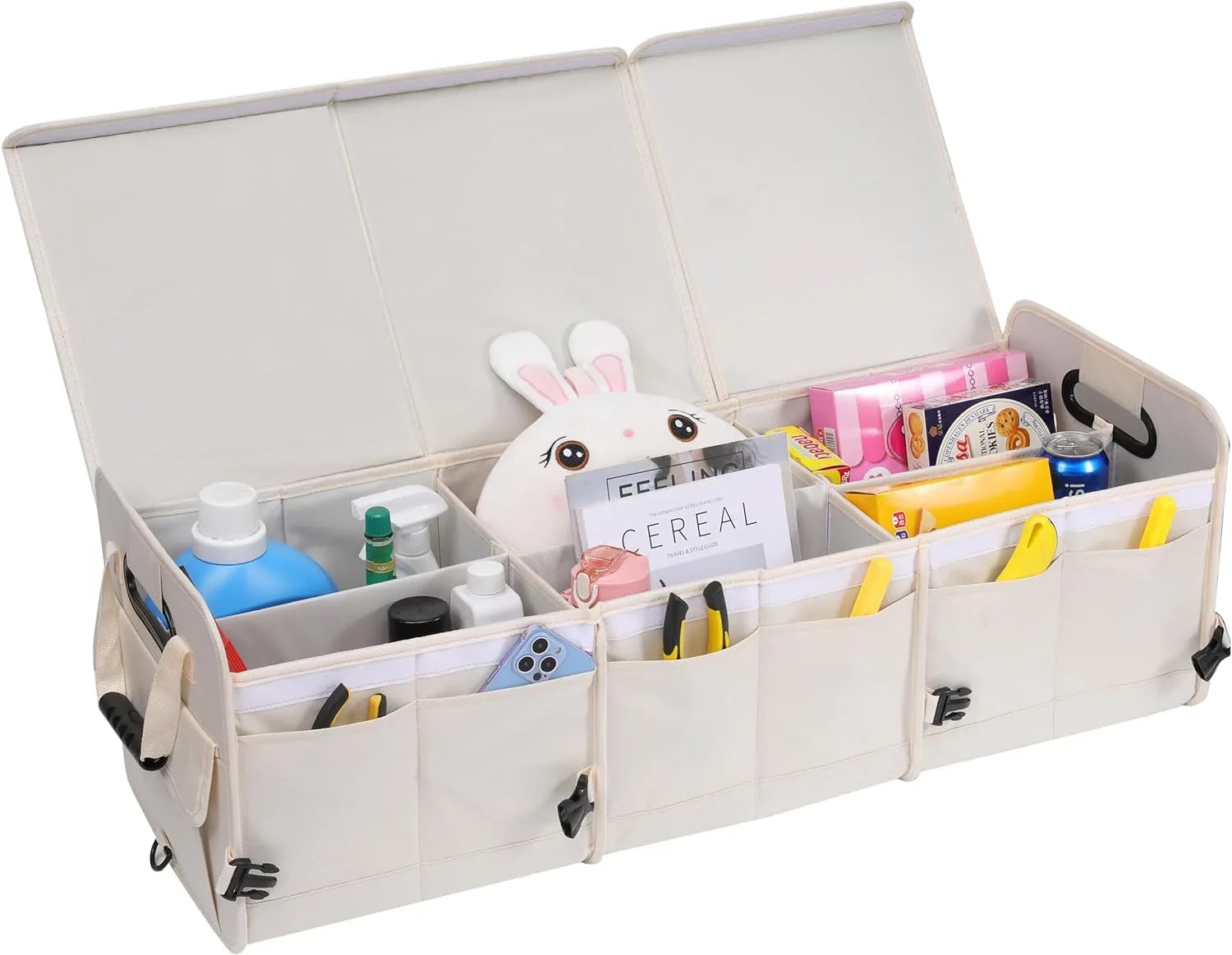Glamor D Car Trunk Organizer with Lid Car Storage Organizer Collapsible Multi Compartment Adjustable Straps Car Organizer for SUV, Truck, Sedan(Beige)