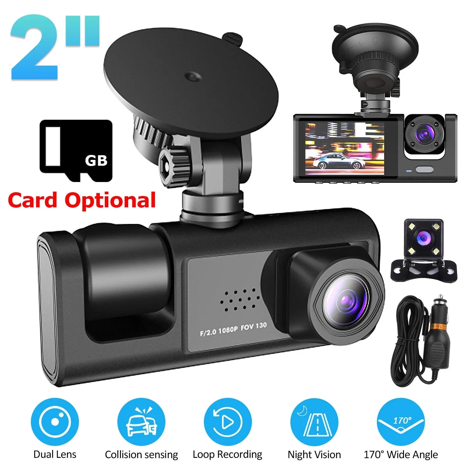 HD 1080P Car Dual Dash Cam,  Front/Rear/Inside Dual Lens Dash Camera,  Video Recorder Camera with G-sensor