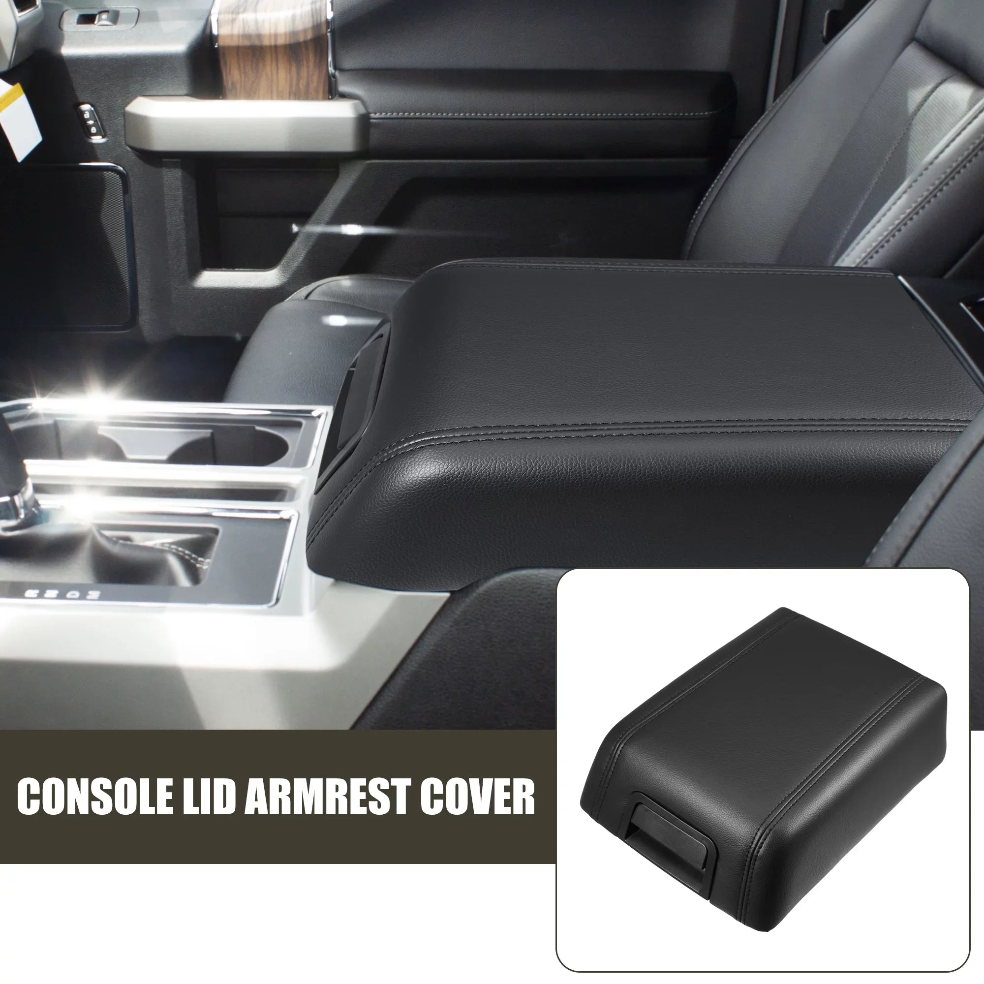 Car Center Console Lid Armrest Seat Box Cover Protector for Ford F-150 2004-2008 Faux Leather Black