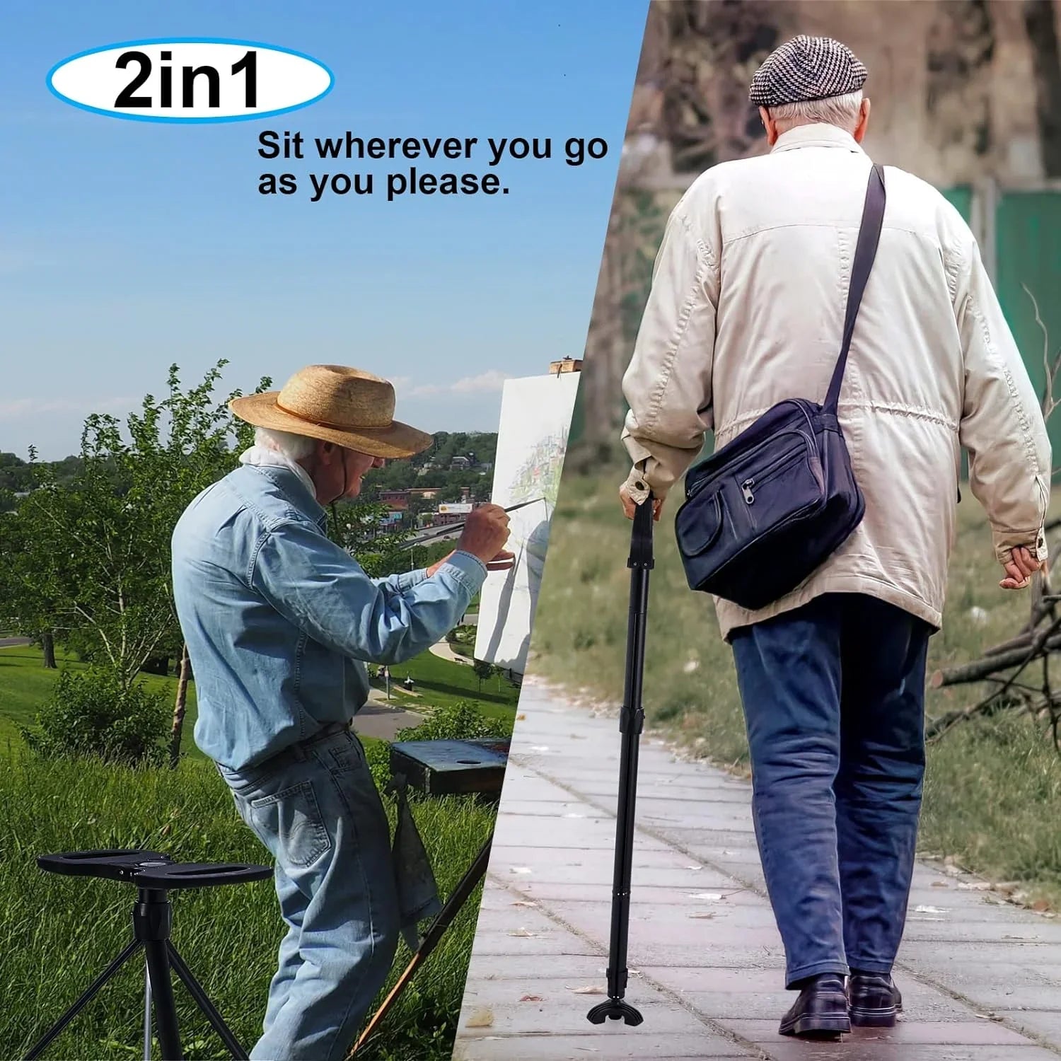 Portable Cane Seat Folding Walking Cane for Men & Women Sturdy Tripod Cane Stool Lightweight Balancing Mobility Aid Crutch Chair with Travel Bag and 2 Base Canes for Elderly, Seniors & Handicap