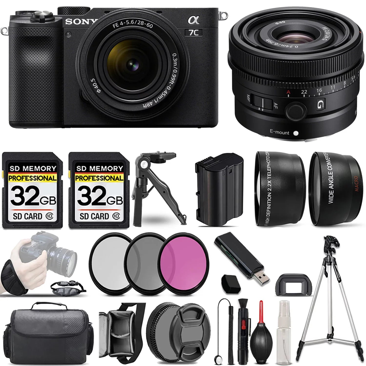 a7C Mirrorless Camera (Black) with 28-60mm Lens+24mm f/2.8 G Lens +3 PC Filter +64GB
